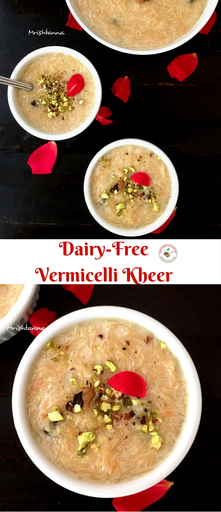 Dairy Free Vermicelli Kheer A bowl of Vermicelli Kheer and topped with nuts and placed on the black table