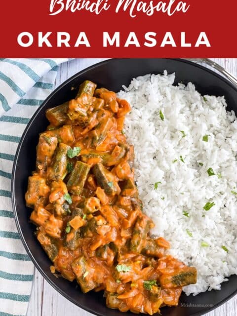 A plate of bhindi masala and rice is on the table.