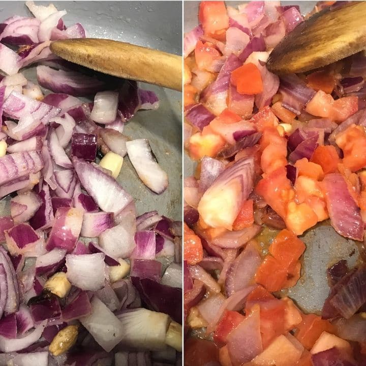 In a pan  sauteing onion and tomato  