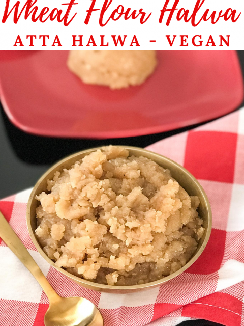 A bowl of food on a plate, with Wheat flour halwa