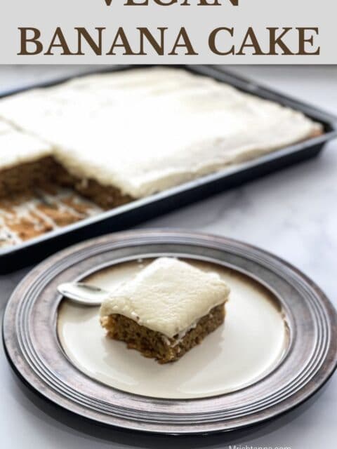 A plate of sliced banana cake is placed in front of sheet pan cake.