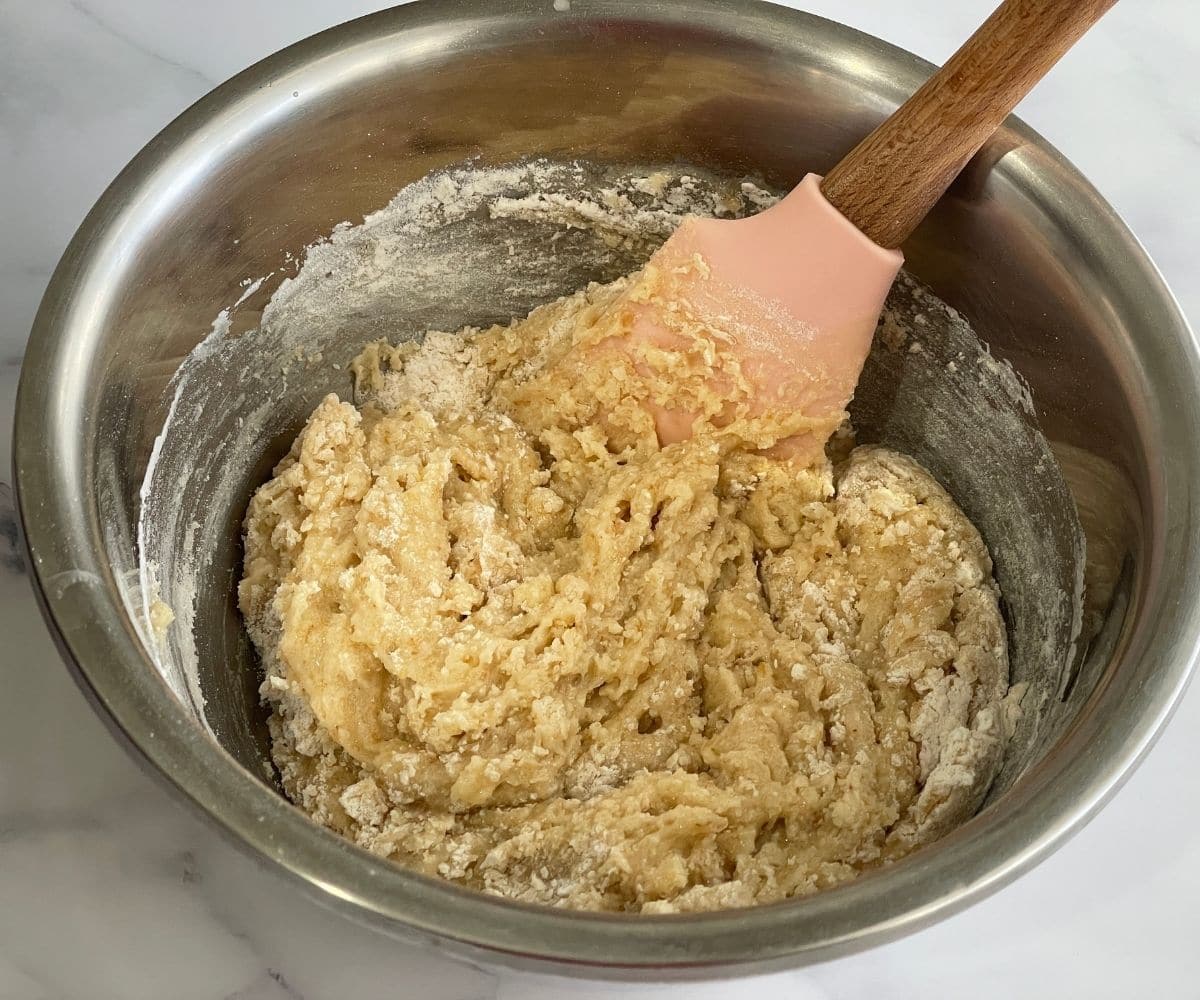 A bowl is with cookie dough.