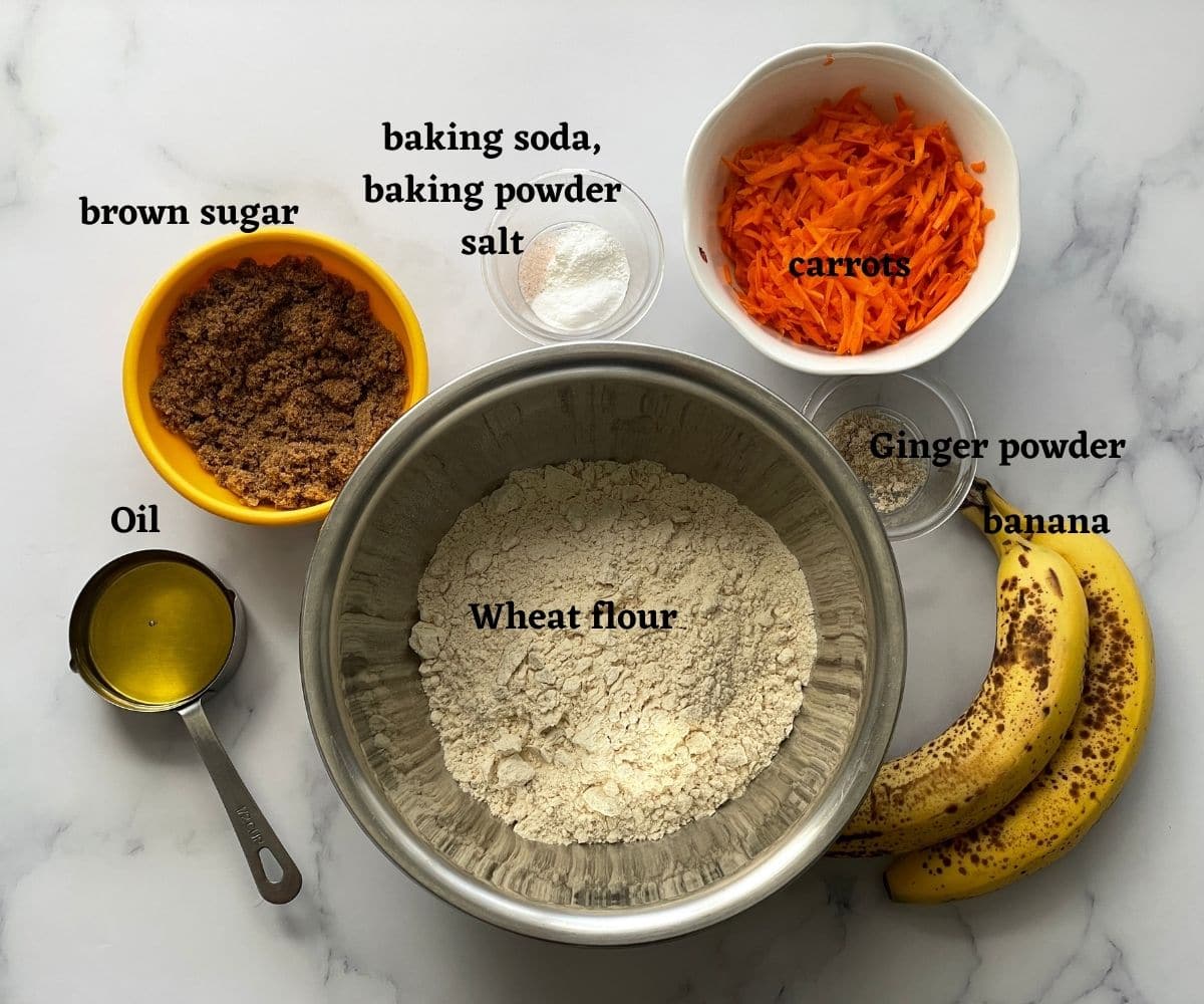 banana carrot muffins ingredients are on the table.