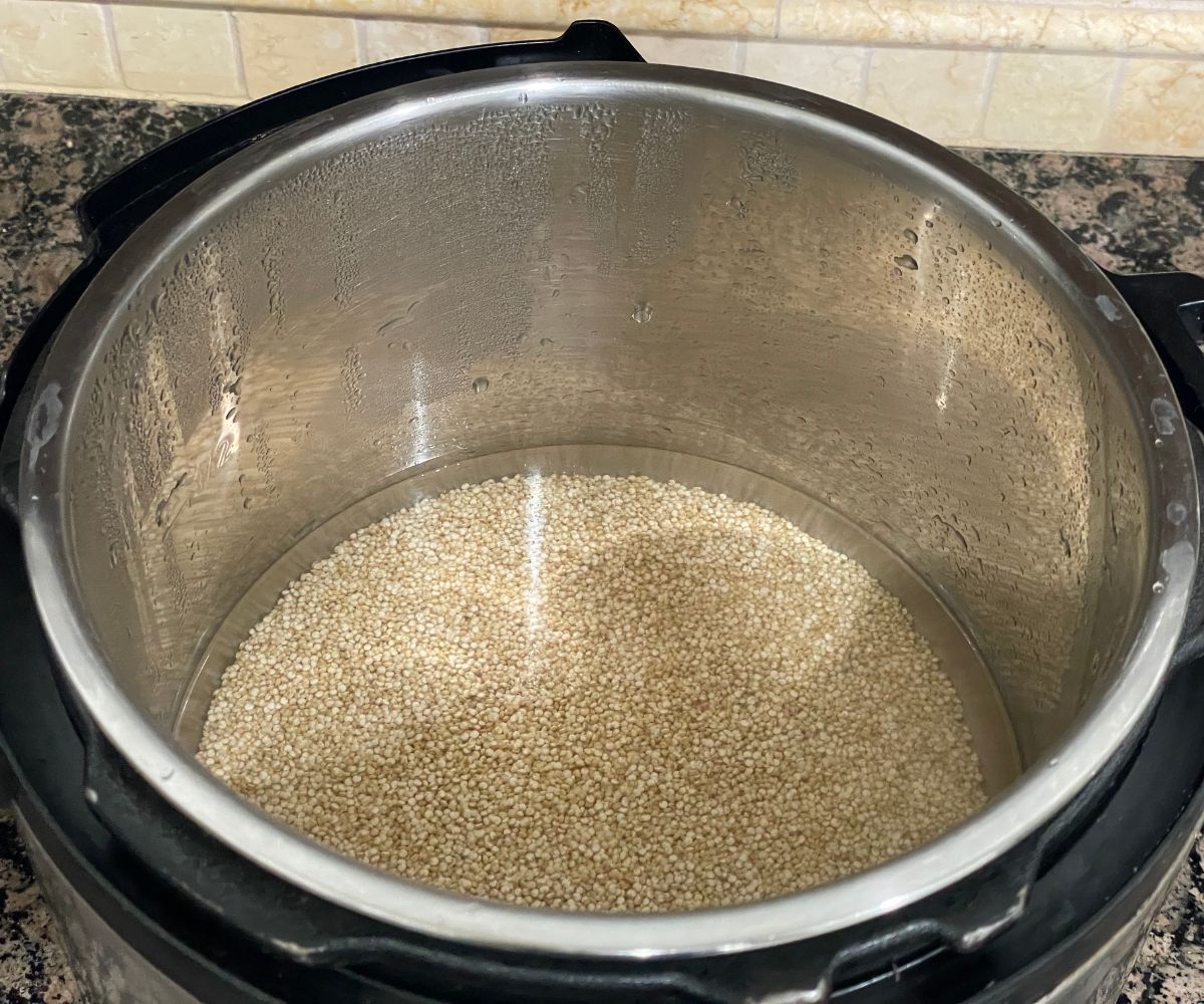 An instant pot is with quinoa and water.
