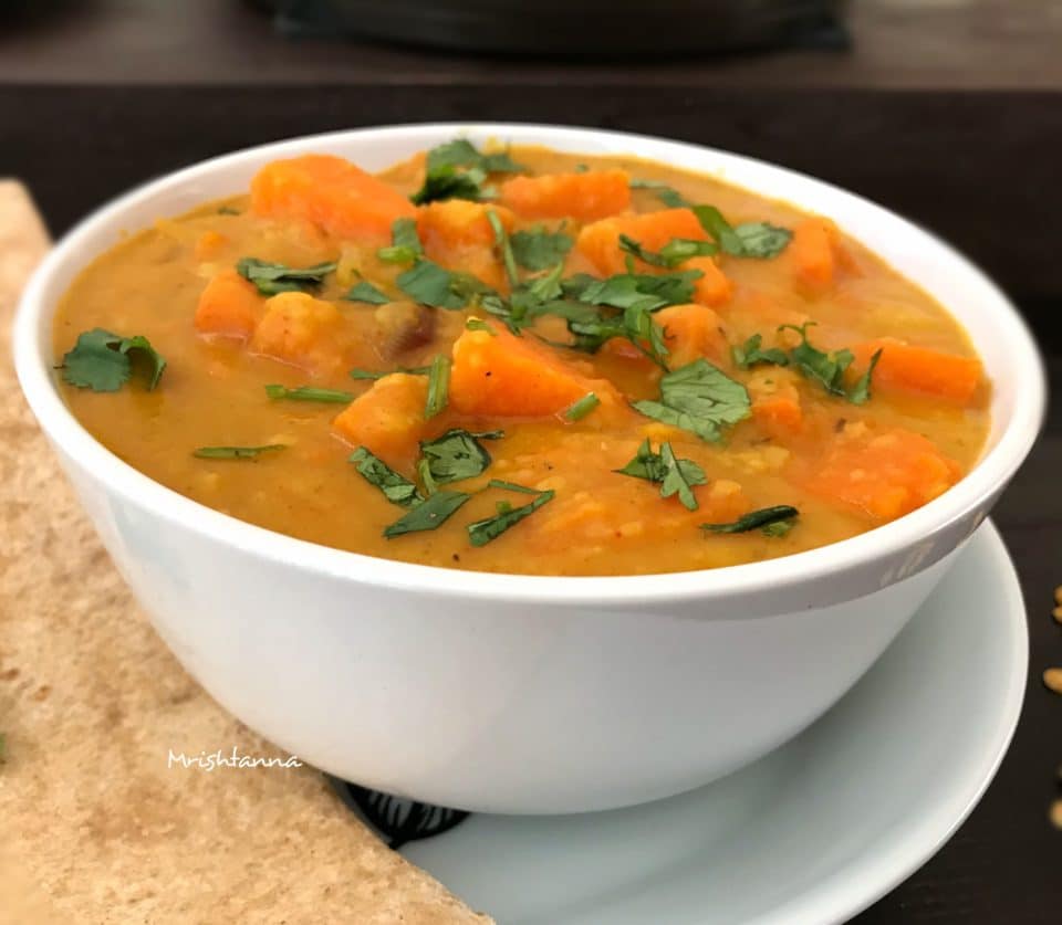 Low Fat Pumpkin Dal A bowl of soup, with Dal and Curry
