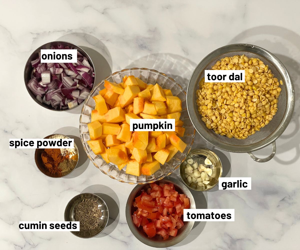 Pumpkin dal ingredients are on the table.
