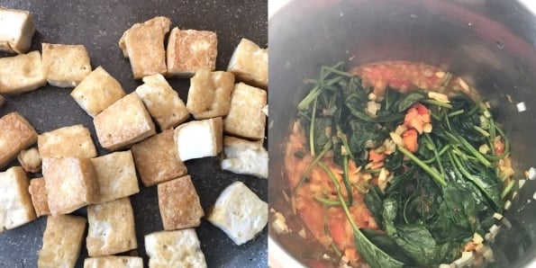 A collage of pot  filled with different types of food, with Tofu