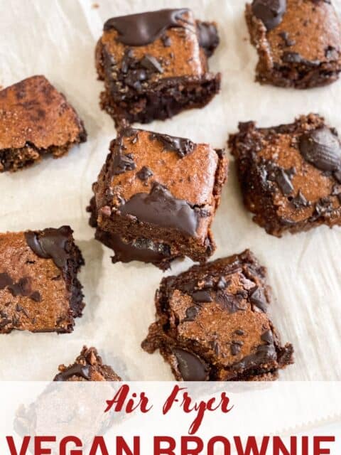 Air fryer vegan brownies are on the white tray.