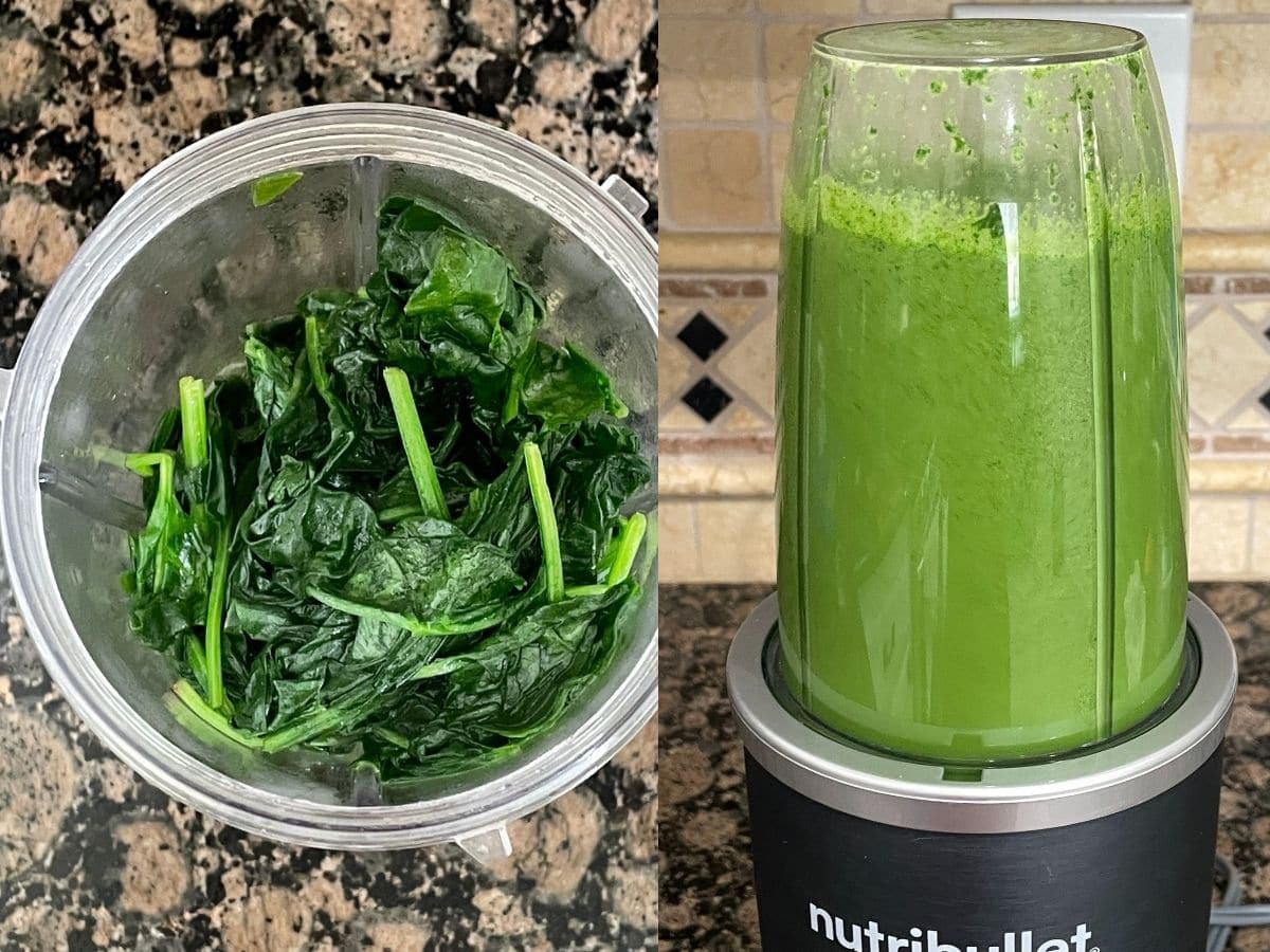 Blanched spinach is on the blender with puree