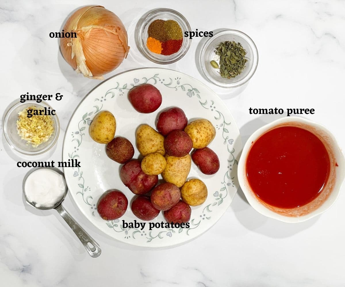 Dum aloo ingredients are on the table.