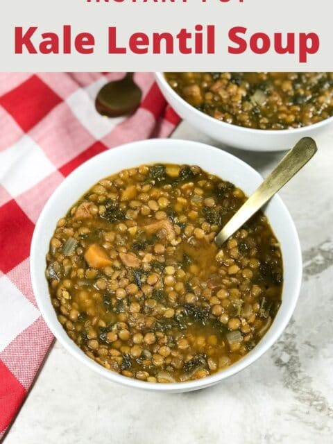 A bowl of kale lentil soup is on the table