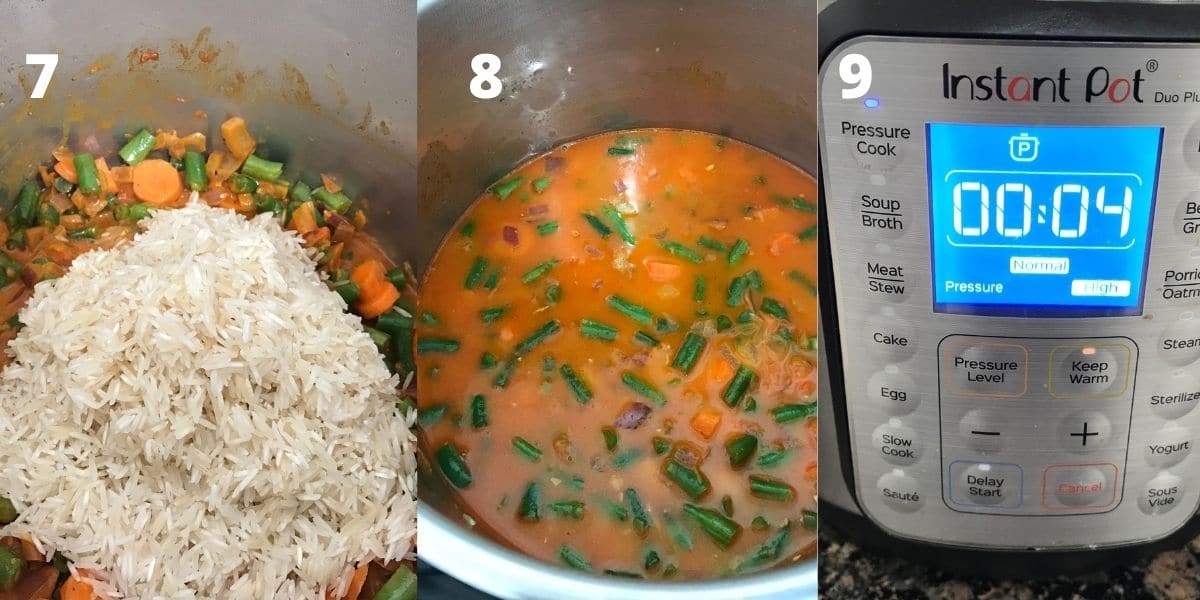 An instant pot is filled with rice, and water along with other ingredients 