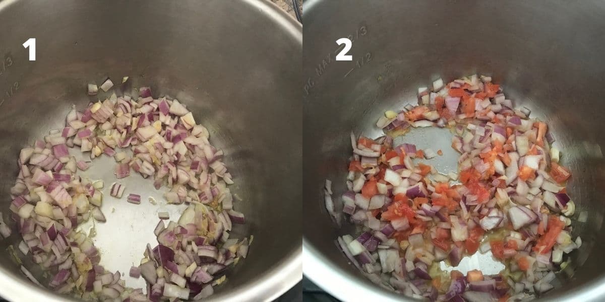A pot is filled with ginger, garlic and onions over the heat