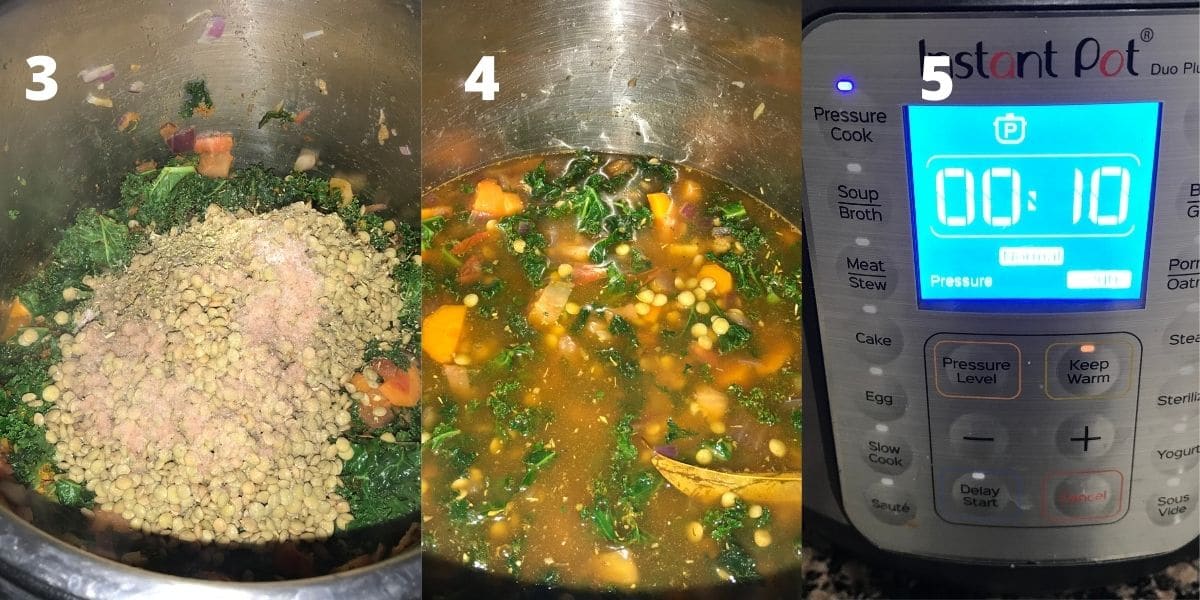 An instant pot is filled with lentils, broth and vegetables on the counter top