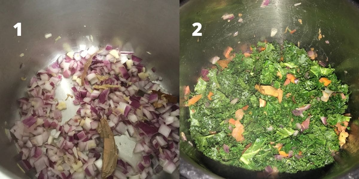 An instant pot is filled with spices,onions and kale