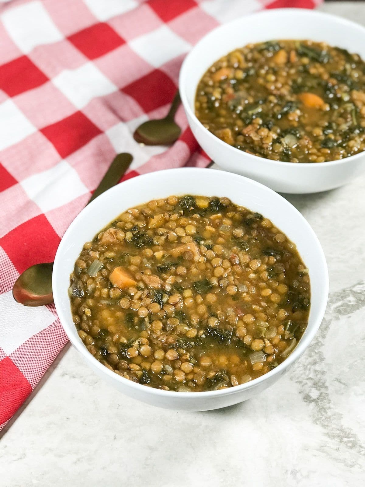A bowl is filled with lentil soup is on the table
