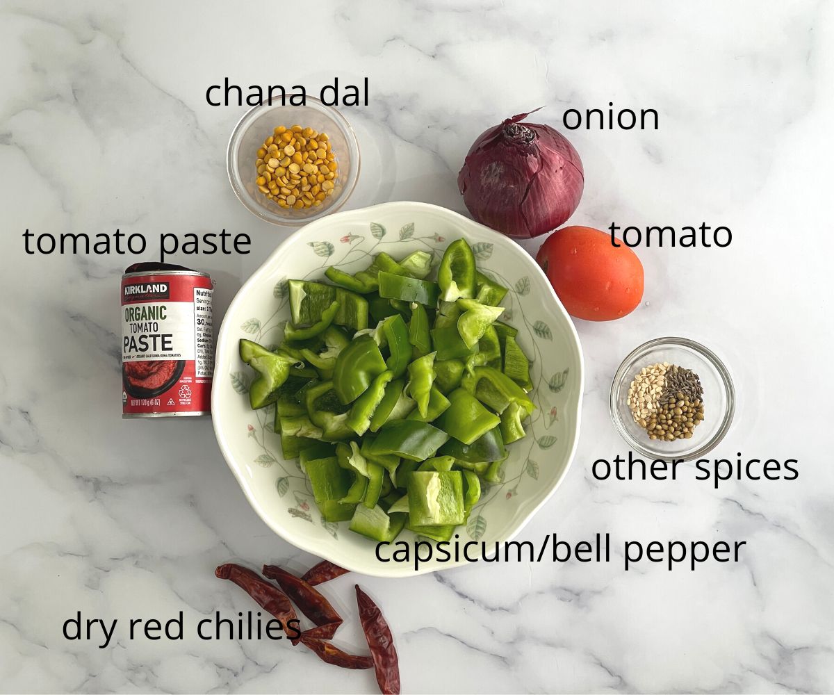 Capsicum chutney ingredients are on the table.