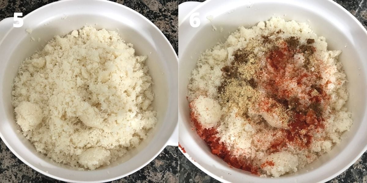 Grated cauliflower is in the bowl and placed on the table