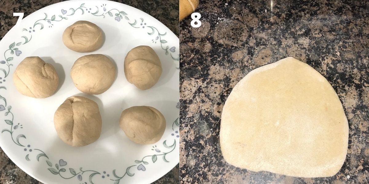 Dough is divided into small balls and placed on the counter top