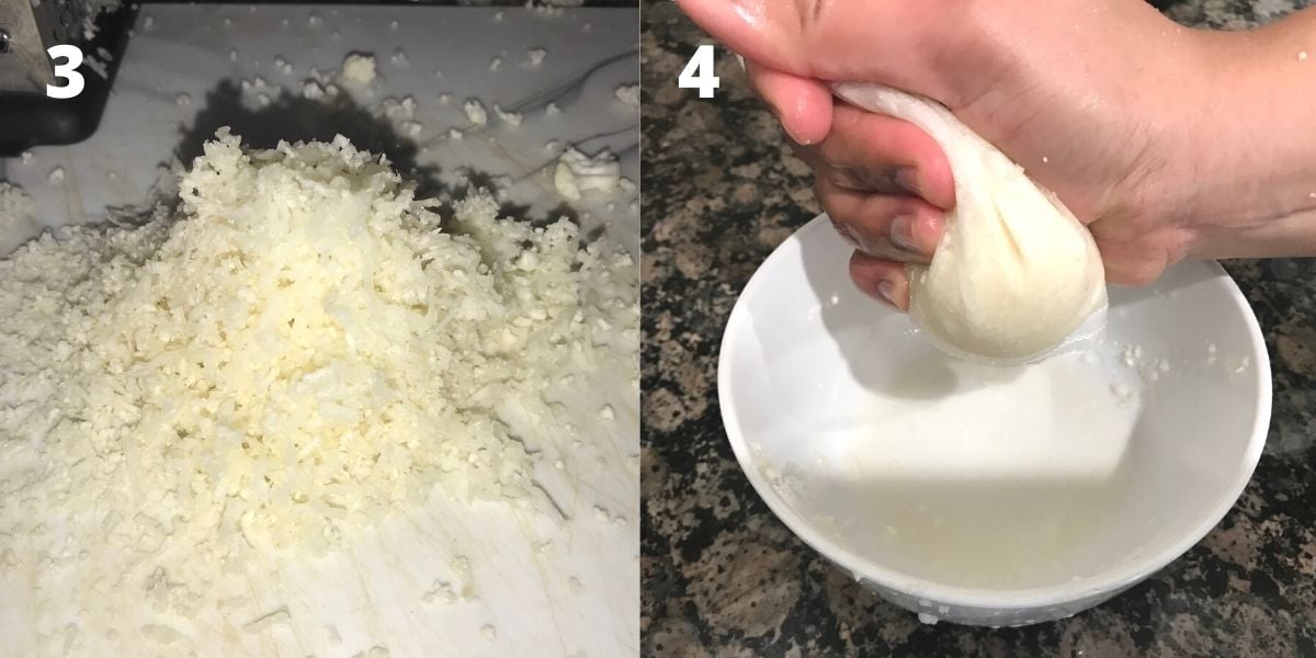 Grated cauliflower is squeezed by women