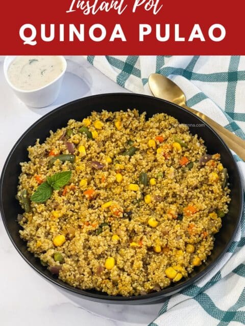 A plate is with instant pot quinoa puloa and a bowl of raita is on the table.