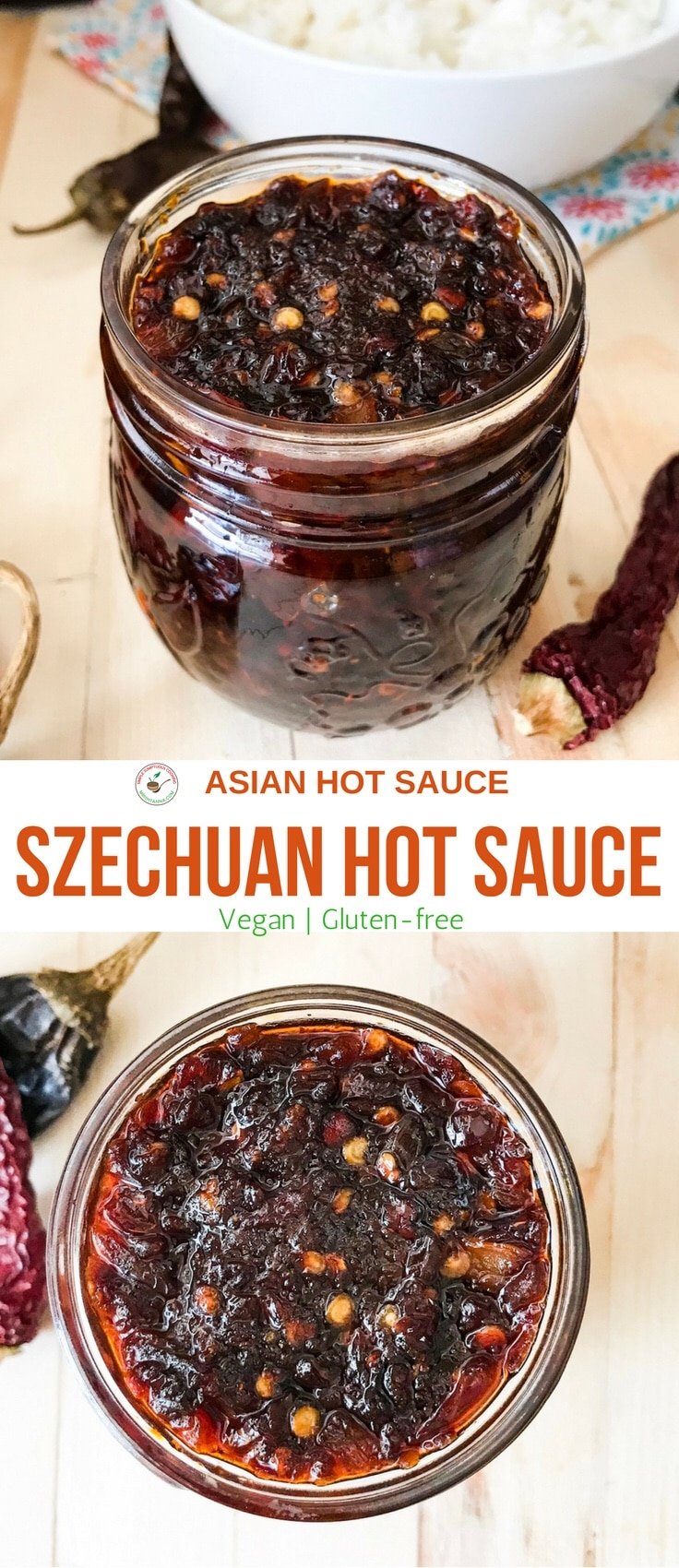 A jar is filled with Szechuan hot sauce is on the table