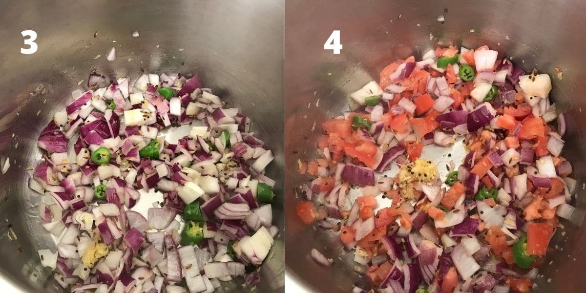 An instant pot is filled with onion, tomatoes, and spices