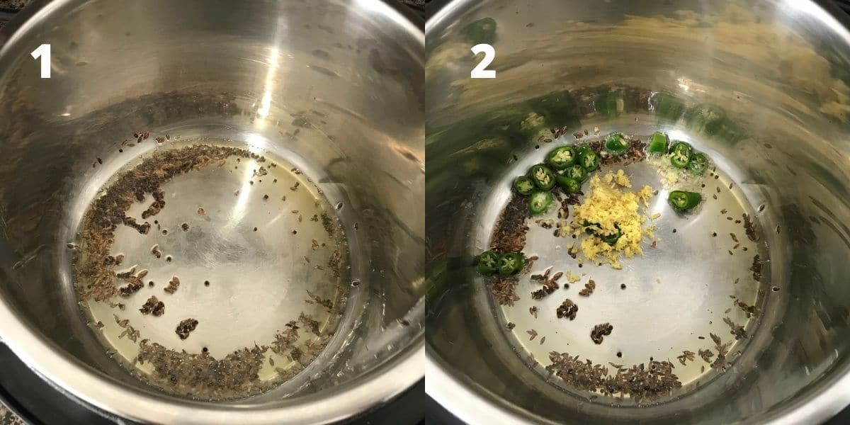 An instant pot is filled with oil, spices, and ginger