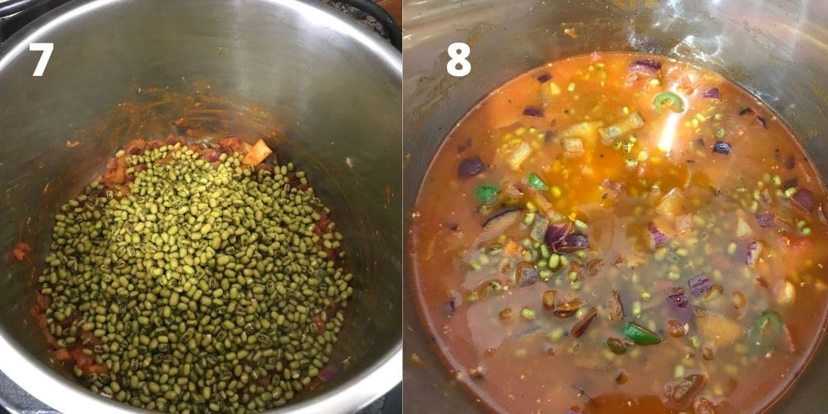 An instant pot is filled with green gram and water 