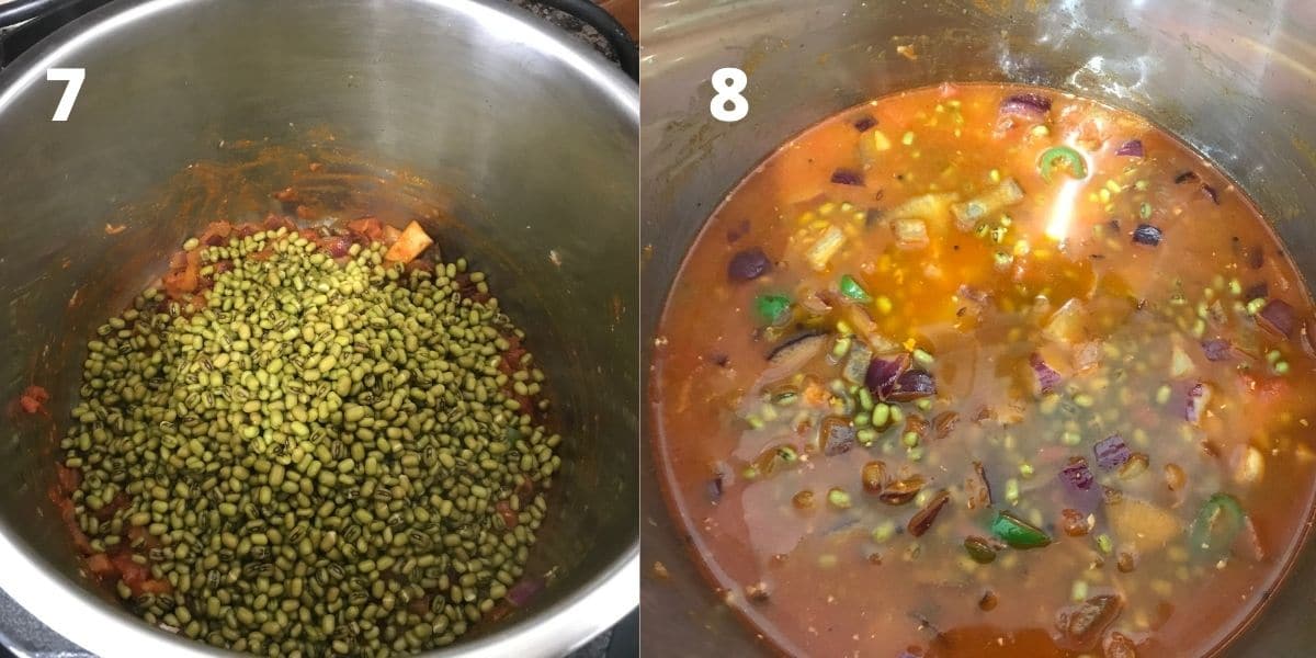 An instant pot is filled with green gram and water