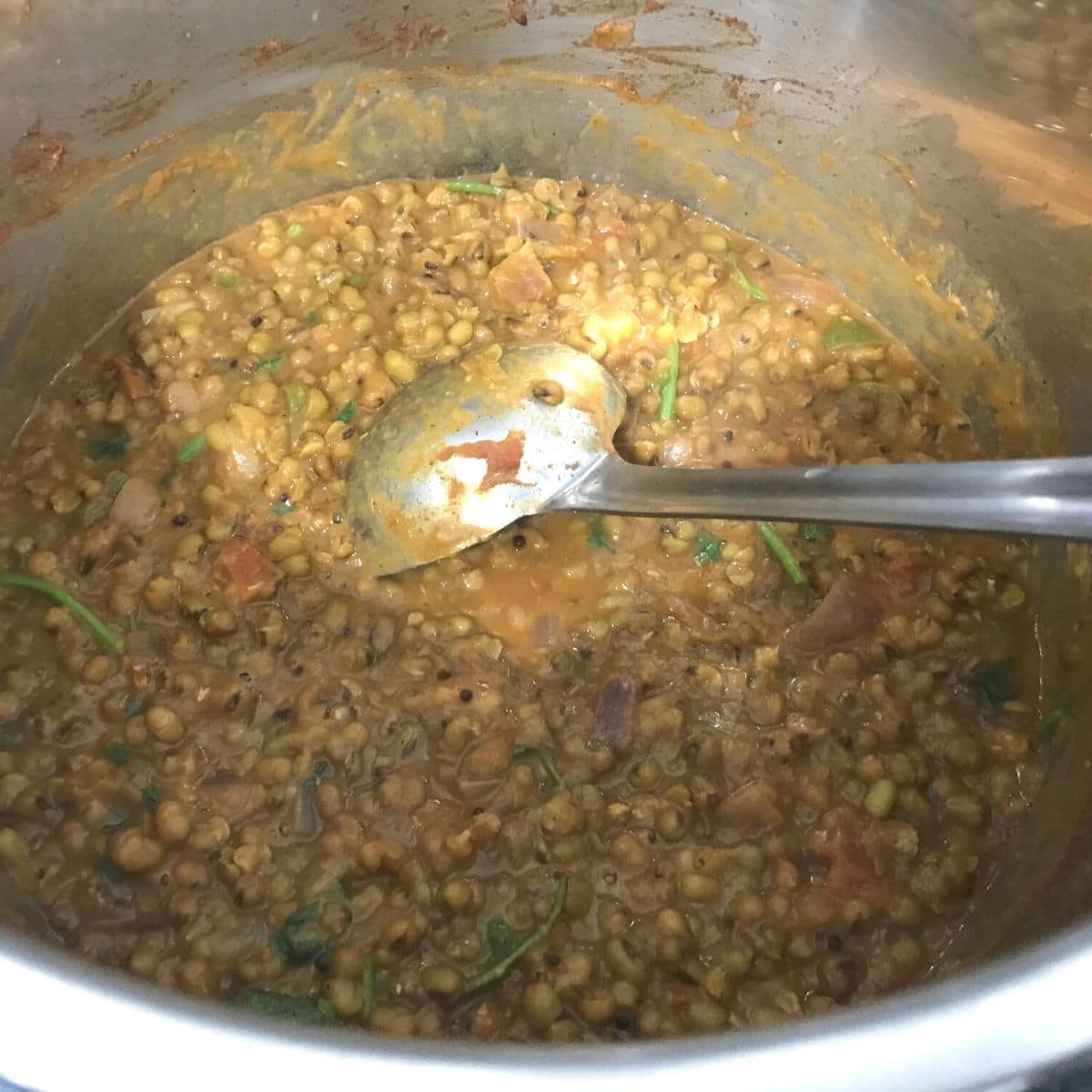 An instant pot is filled with green gram dal with big spoon inserted inside the pot