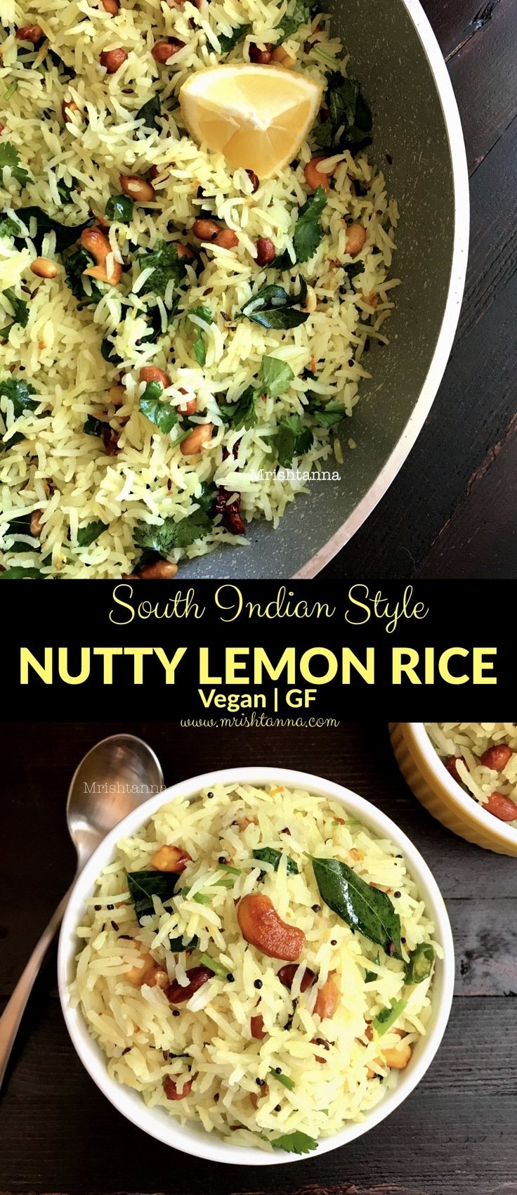 A bowl with lemon rice and topped with nuts and curry leaves