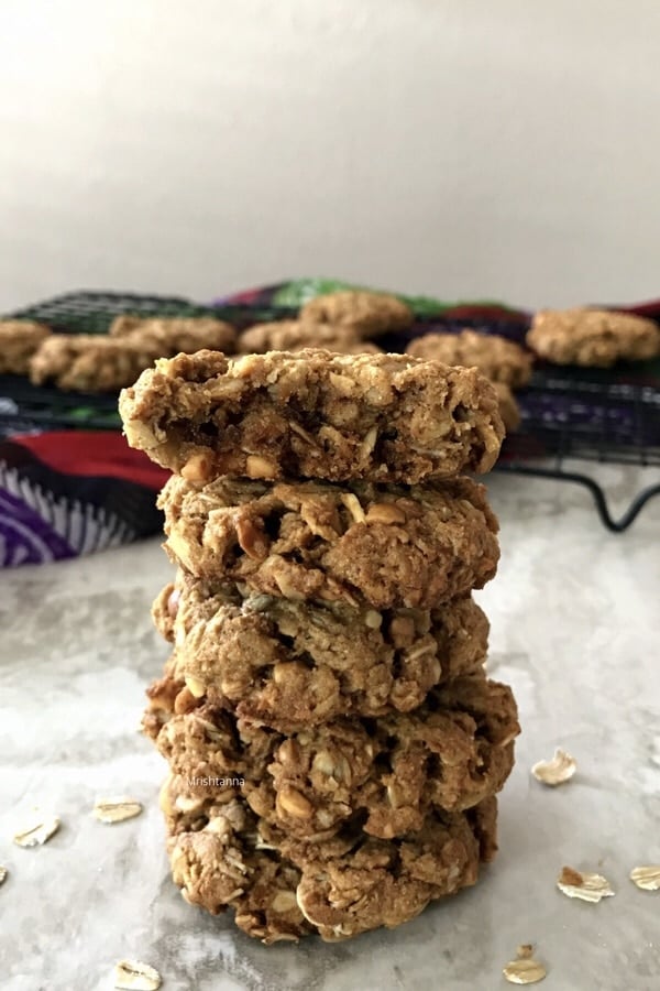 peanut butter oatmeal cookies are stacked on the table