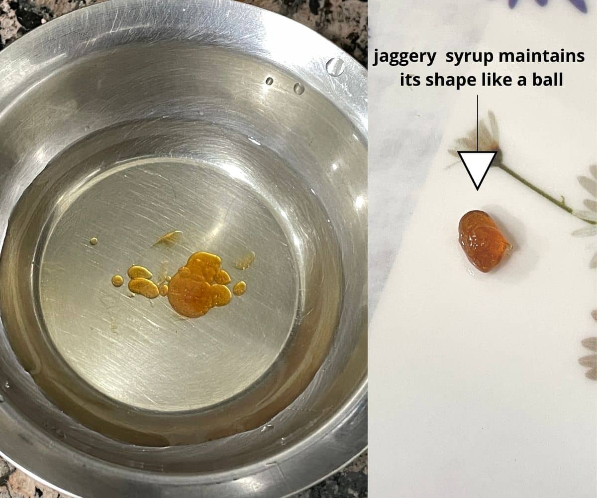 A small bowl is with water to check the sugar syrup consistency.