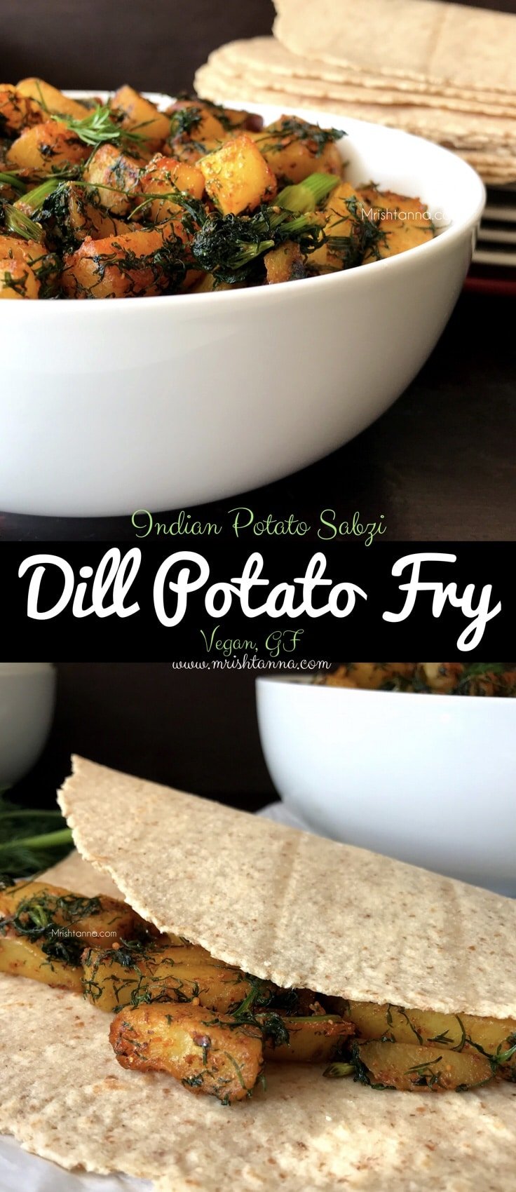 A bowl of potato fry with dill leaves is on the table