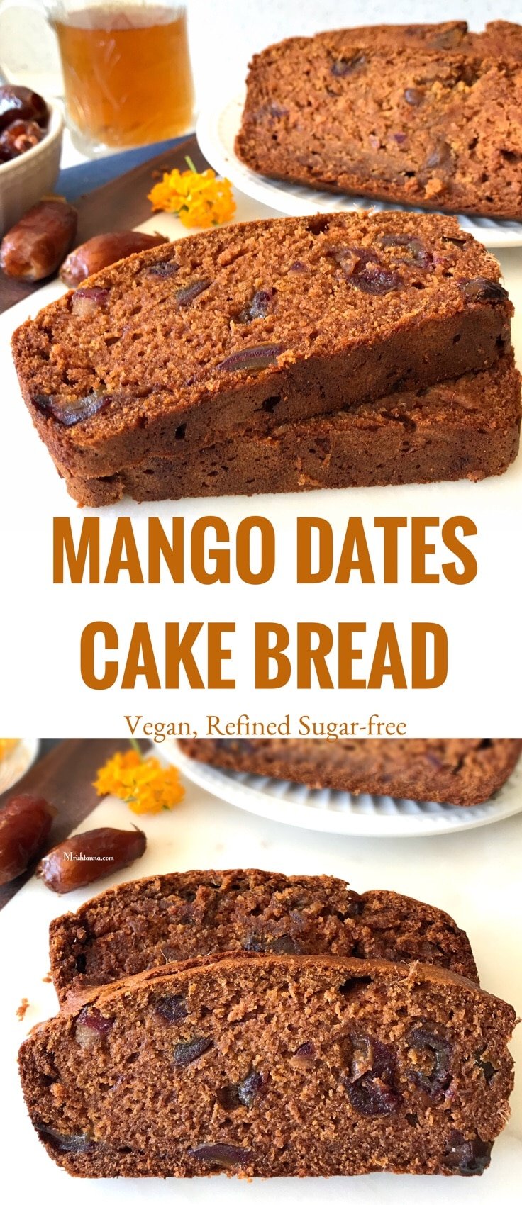 A mango dates cake bread slices is on the white serving tray