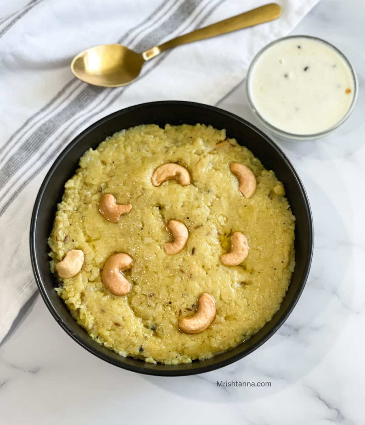 head shot of bowl of instant pot pongal recipe.