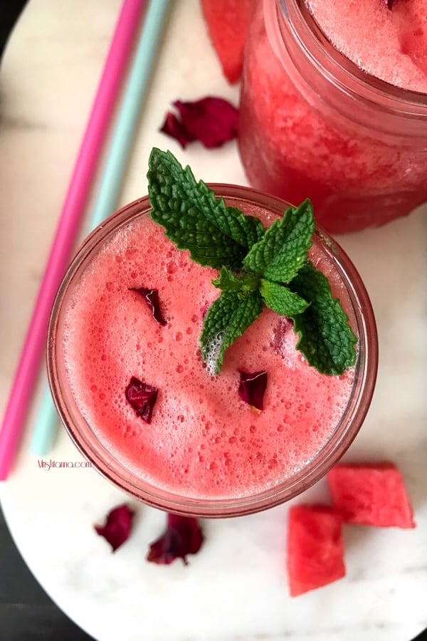 A close up of a watermelon rose juice