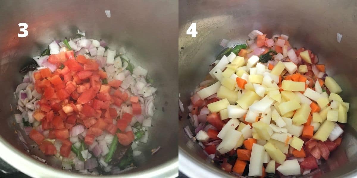 A pot is with vegetables and spices to make sambar