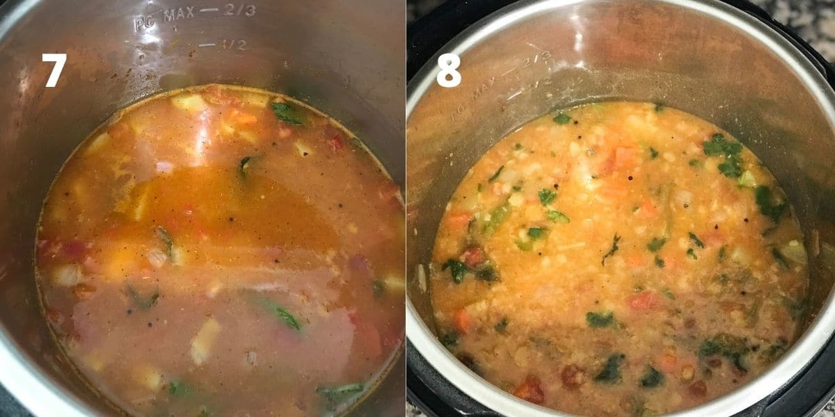 An instant pot is filled with sambar over the counter