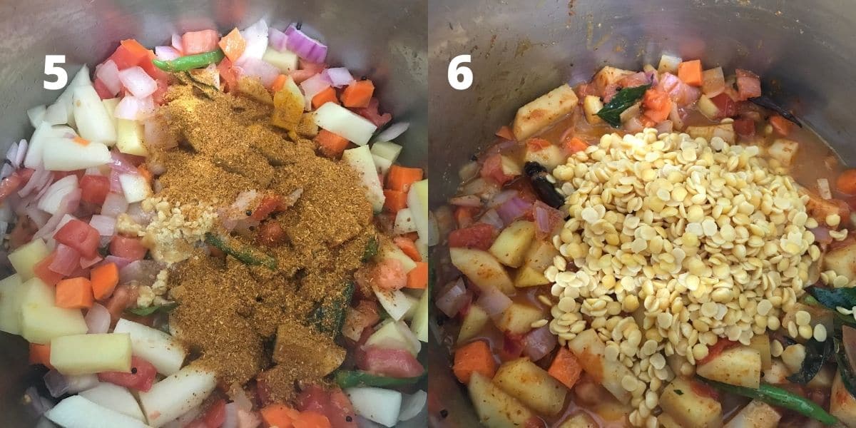 A pot is filled with sambar powder over the vegetables and lentils