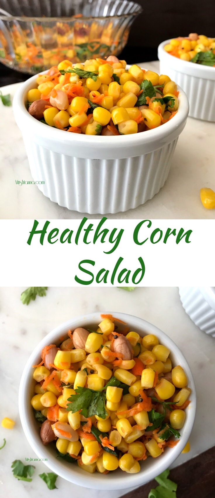 A bowl of food on a table, with Corn salad