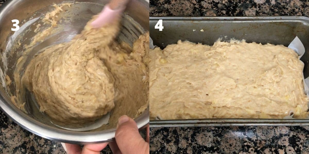 Bread loaf pan is filled with bread batter