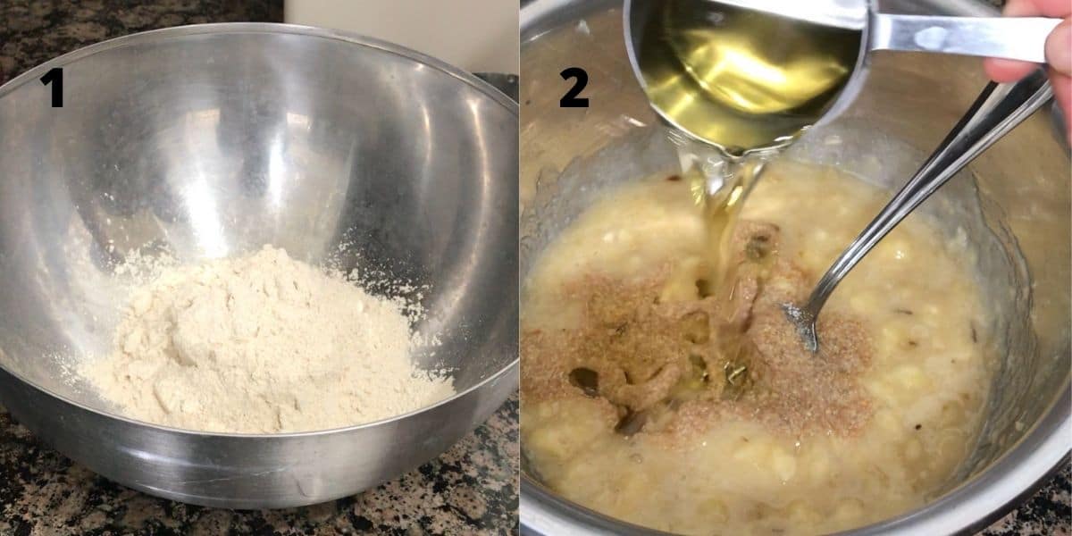 A bowl is filled with flour and banana bread wet ingredients