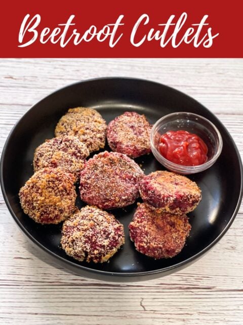 A plate of beetroot cutlet are on the table with sauce.