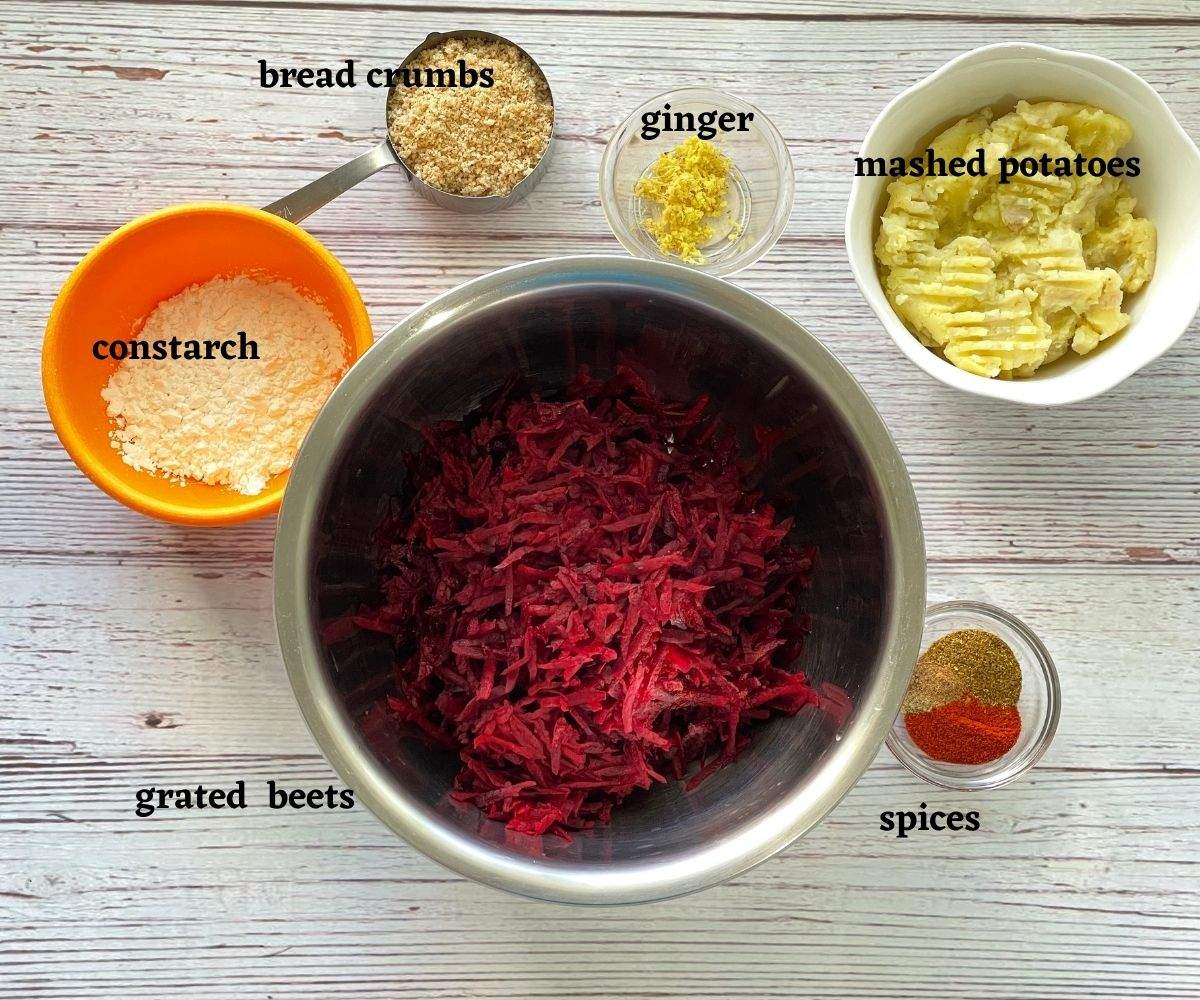 beetroot cutlets ingredients are on the table.