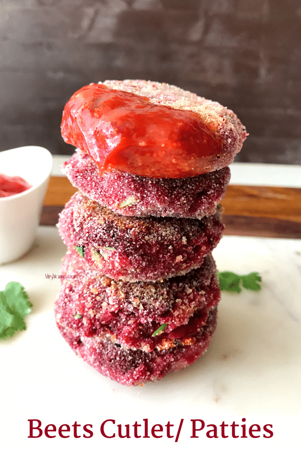 A beets cutlets are stacked on the white surface