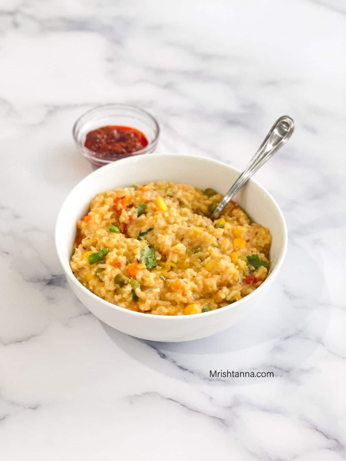 A bowl khichdi is on the white surface.