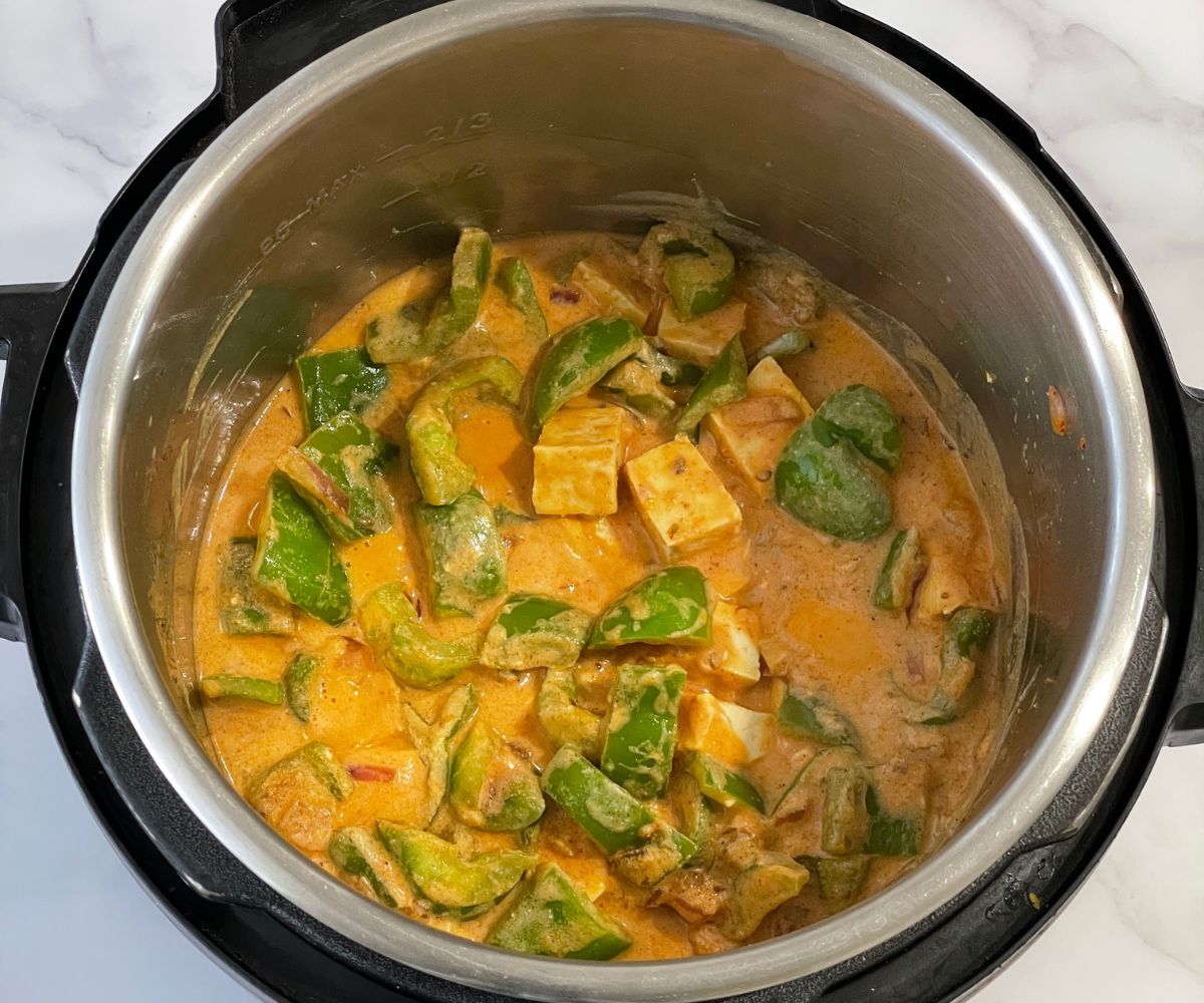 A pot is with Indian tofu curry.