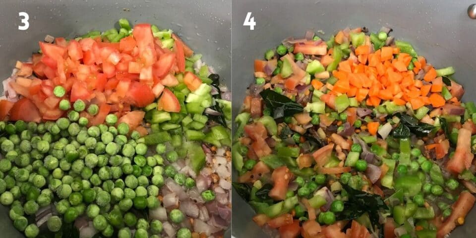 A non stick pot is with peas and vegetables over the heat